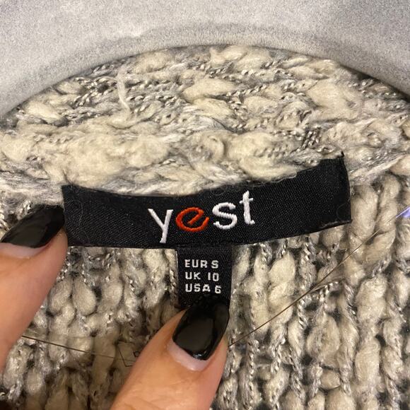 Yest Gray Knit Fringe Trim Long Duster Knit Sweater Cardigan Women Sz 6 - Picture 4 of 11